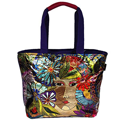 Laurel Burch Blossoming Woman Floral Foil Cotton Canvas Shoulder Tote Bag
