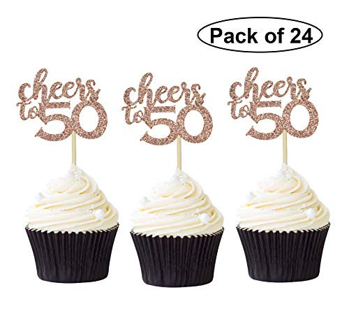 Pack of 24 Cheers to 50 Cupcake Toppers Rose Gold Glitter 50th Birthday Cupcake Picks Anniversary Party Decors