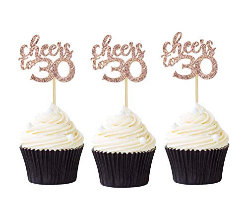 Pack of 24 Cheers to 30 Cupcake Toppers Rose Gold Glitter 30th Birthday Cupcake Picks Anniversary Party Decors