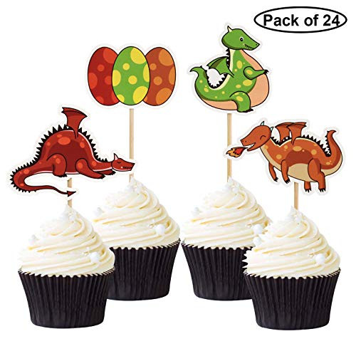 24PCS Dinosaur Cupcake Toppers Cute Baby Dinosaur Cupcake Picks for Baby Shower Birthday Party Decorations