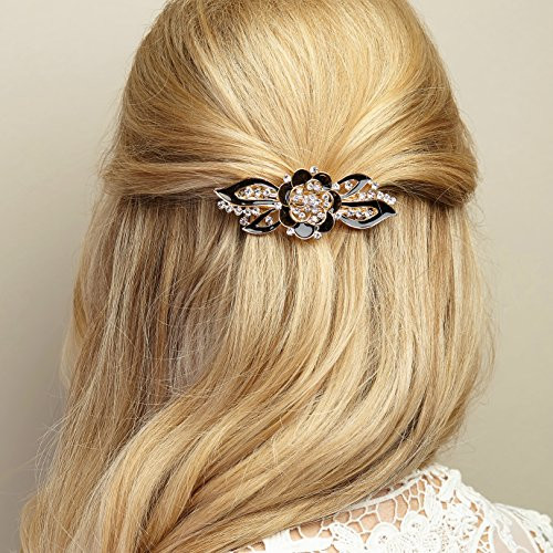 QueenMee Vintage Flower Hair Clip Flower Vintage Hair Clip Gold Vintage Hair Clip Enamel Hair Clip Enamel Barrette Flower Hair Clip Flower Barrette Bridesmaid Hair Clip (Black)