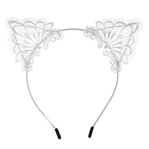Merroyal Lace Cat Ears Headband Halloween Fancy Dress Cat Woman Girls Hairband Cosplay (White)