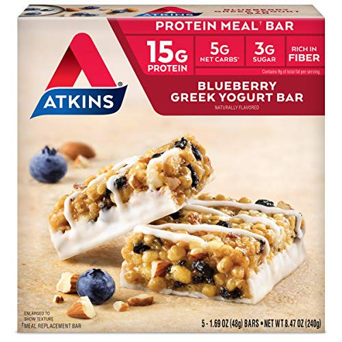 Atkins Blueberry Greek Yogurt Protein Meal Bar. Rich in Fiber. Keto-Friendly. (5 Bars) Atkins Blueberry Greek Yogurt Protein Meal Bar. Rich in Fiber. Keto-Friendly. (5 Bars)