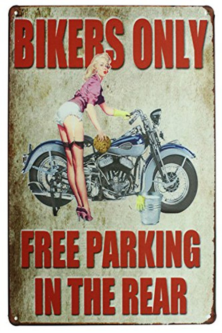 Sumik Bikers Only Free Parking in The Rear Motorcycle Girl, Metal Tin Sign, Vintage Art Poster Plaque Garage Home Wall Decor