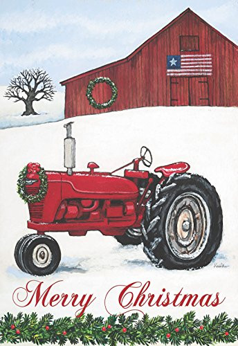 Merry Christmas Wintry Vintage Tractor 13 x 18 Rectangular Small Garden Flag