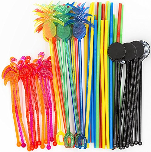 Bar Caddy Supplies (60 Pack)  Assorted Swizzle Sticks/Drink Stirrers (12 of Each Design)  Disposable Flexible Drinking Straws in 2 Sizes  Small Bar Party Supply Refill Pack for Bar Organizer