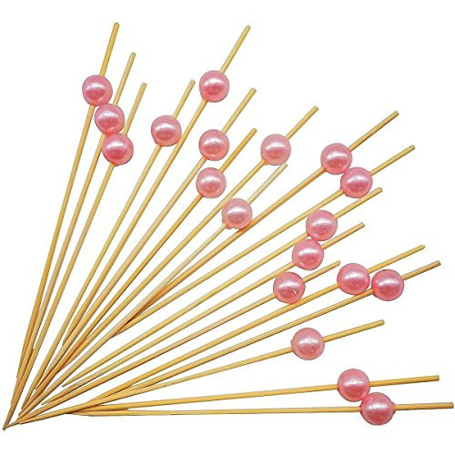 PuTwo Cocktail Toothpicks 100 Counts Cocktail Picks Handmade Natural Bamboo Cocktail Sticks Eco-Friendly Appetizer Skewers for Cocktail Appetizers Fruits Dessert - Pink Pearls