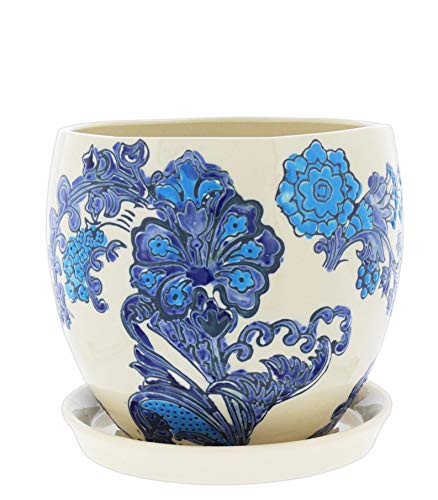 Lucky Winner Ceramic Planter with Floral Delft Pattern and Attached Saucer, 5"