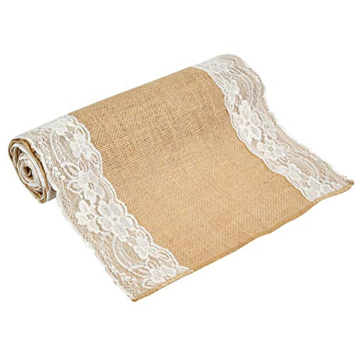 OFNMY Burlap Table Runner, Natural Rustic Jute Burlap Table Runner with White Lace For Country Wedding Party Bridal Shower Babe Shower Dining Table Decor 12"x72"