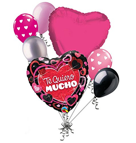 7 pc Te Quiero Mucho Shimmer Happy Valentines Day Balloon Bouquet Love Amo Heart