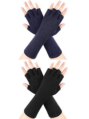 2 Pairs Unisex Fingerless Gloves Half Finger Stretchy Knit Gloves Lengthen Wrist Mittens Winter Warm Gloves (Black, Grey)