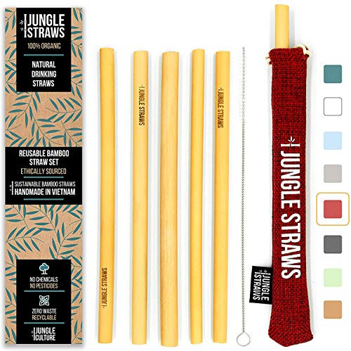 Jungle Straws | Organic Bamboo Straws | 8" Reusable Drinking Straws | Eco Friendly & Biodegradable | Sustainable Straw Set with Cleaning Brush & Storage Bag | Natural Alternative to Plastic (Berry)