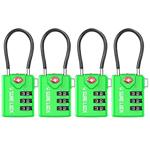 SURE LOCK TSA Compatible Travel Luggage Locks, Inspection Indicator, Easy Read Dials TSA Approved Padlock with Zinc Alloy  Green 4 Pack