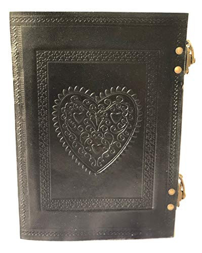 Vintage Large Heart Leather Journal Embossed Travel Diary Handmade Bound Notebook for Men & Women with Lock Closure (Black, 107")