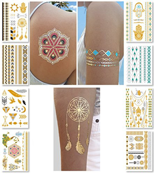 Metallic Temporary Tattoos for Women Teens Girls - 8 Sheets Gold Silver Temporary Tattoos Glitter Shimmer Designs Jewelry Tattoos - 100+ Color Flash Fake Waterproof Tattoo Stickers (Caicos)