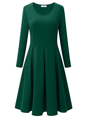 Bulotus Green Dress for Women, Women's Scoop Neck Long Sleeve Casual Vintage Swing Flare Dress Dark Green L