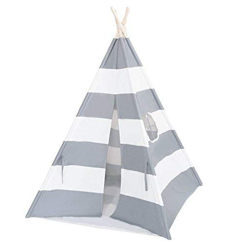 Laylala 6' Indoor Indian Playhouse Teepee Play Tent for Kids Toddlers Canvas, Children Playhouse with Carry Bag Kids Teepee (Grey Stripe)