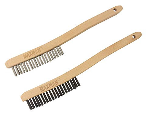 Wire Scratch Brush Set, Heavy Duty Stainless Steel And Carbon Steel Wire Brush 13.8Inch With Curved Beech Wood Handle A Set