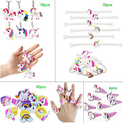 36PCS Rainbow Unicorn Birthday Party Favor Set, Fineder Unicorn Bracelets, Keychains, Rings, Hair Clips, Unicorn Party Supplies Novelty Toy, Party Games Gift