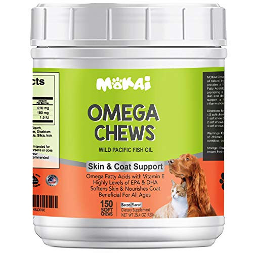MOKAI Omega 3 Chews for Dogs and Cats | Natural Skin & Coat Supplement with Omega 3 Fatty Acids EPA+DHA Krill Oil Vitamin E for Allergy Control Immune Support and Joint Function - 150 Chewable Treats
