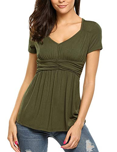 SoTeer Womens Tops V Neck Soft T-Shirts Flowy Tunic Empire Waist Casual Loose Blouses,Army Green S
