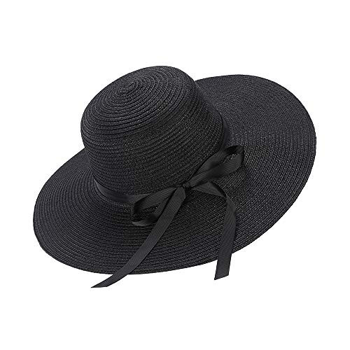 Women's Sun Hat Floppy Foldable Bowknot Large Wide Brim Straw Hat Summer Beach Cap UV Protection UPF50 (Black)