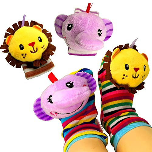 Baby Rattle Socks Toys, Infant Wrist Rattles and Foot Rattles Finder Socks Set , Educational Development Soft Animal Toy Shower Gift (4 Packs) (Elephant)