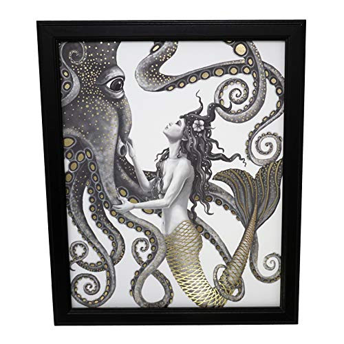 Mermaid and Octopus Original Wall Art Decor - Gold Foil Home Nautical Bathroom Beach Ocean Posters Prints - 8x10 Inches