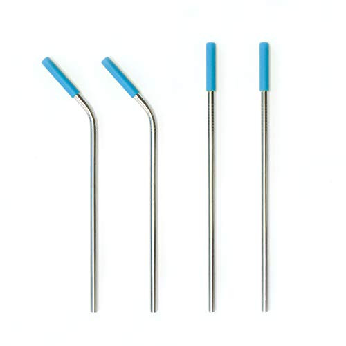 Stainless Steel Drinking Straws 4 Set, with Cleaning Brush and Silicon Tips, Reusable Washable Non-Toxic Eco- Friendly Metal Drink Straw for Smoothie Milkshake Cocktail Hot Cold Drink (Blue)