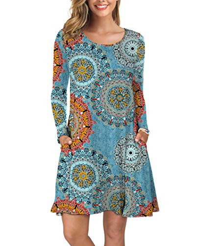 KORSIS Women Long Sleeve Tops T-Shirt Dress Round Neck Casual Loose Dress Flower Mix Blue M