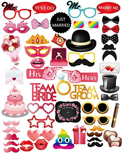 MOT Global Wedding Photo Booth Props - 52 Pieces Photo Props Kits for Wedding Shower Party Supplies