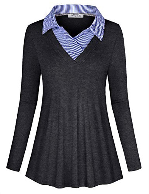 Long Sleeve Shirt for Women,SeSe Code Ladies Blouse Flared Hem Ruched Loose Fit Fancy Tops Classic Collar Knits Springy Contemporary Hipster Beauty Tunics Charcoal Grey L
