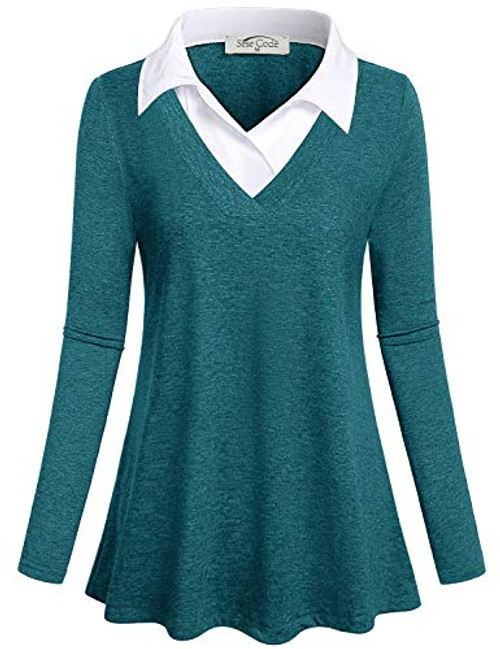 Womens Tunic Tops for Leggings,SeSe Code Juniors Long Sleeve V Neck Blouse Pleats Drape Front Knits Outfits Attractive Contrast Collar Shirt Dark Cyan XXL