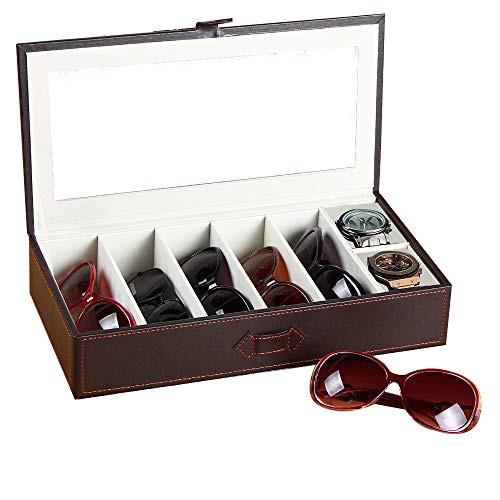 Glasses Organizer Leather Transparent 7 Slots Sunglasses Box for Men Women Multiple Eyeglasses Holder Eyewear Storage Display Case for Home Decoration/Nightstand/Bedside/Beside Table/Dresser Top Brown