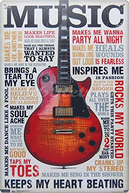 Music Inspires Me, Metal Tin Sign, Vintage Style Wall Ornament Coffee & Bar Decor, Size 8" X 12"