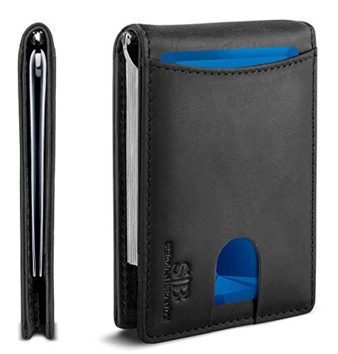 SERMAN BRANDS RFID Blocking Slim Bifold Genuine Leather Minimalist Front Pocket Wallets for Men with Money Clip (Charcoal Black 1.S)