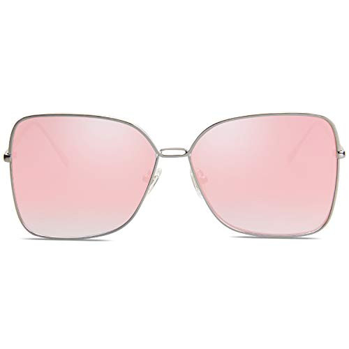 SOJOS Fashion Designer Square Sunglasses for Women Flat Mirrored Lens SJ1082 with Silver Frame/Gradient Pink Mirrored Lens