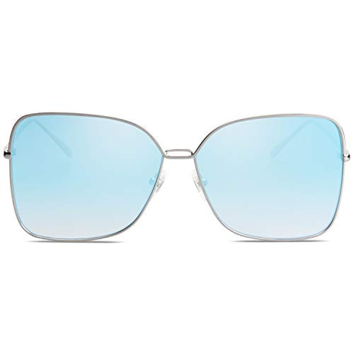 SOJOS Fashion Designer Square Sunglasses for Women Flat Mirrored Lens SJ1082 with Silver Frame/Gradient Blue Mirrored Lens