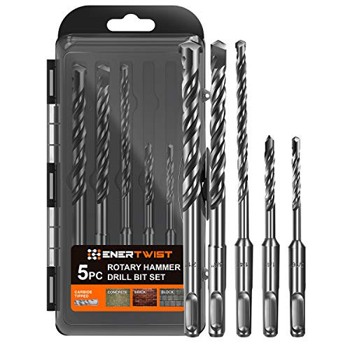 ENERTWIST 5-Piece SDS-Plus Drill Bit Set, Carbide Tip, SDS+ Rotary Hammer Drill Bit Set with Storage Case for Brick, Cement, Stone & Concrete, ET-RHDB-5