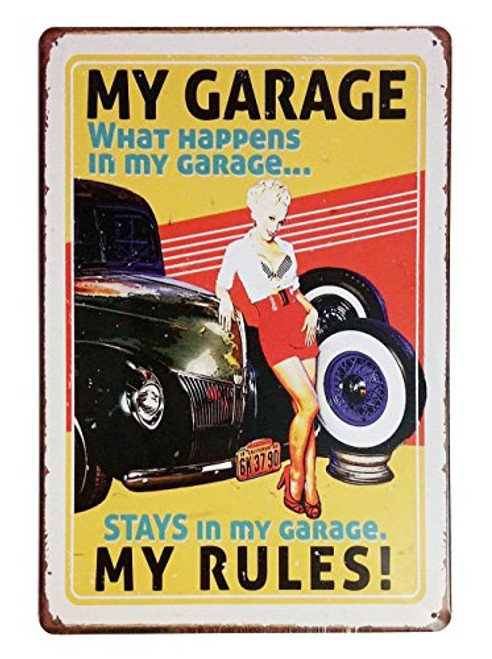 Rebecca online My Garage What Happens in My Garage My Rules Vintage Retro Decor Metal Tin Sign 12" X 8" Inches (Color-7)