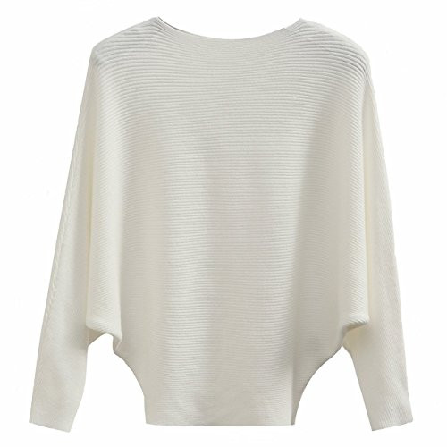 GABERLY Boat Neck Batwing Sleeves Dolman Knitted Sweaters and Pullovers Tops for Women (White, One Size)