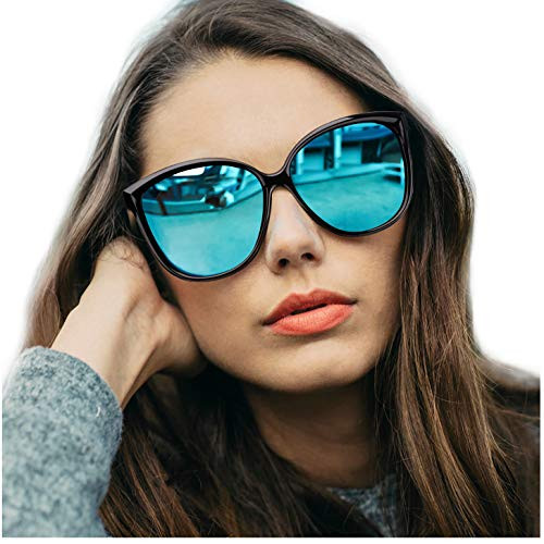 LVIOE Cat Eye Sunglasses for Women, Polarized Mirrored Lens with UV Protection, Trendy Cateye Lightweight Frame Sun Glasses (Black, Blue Mirrored Lenses)