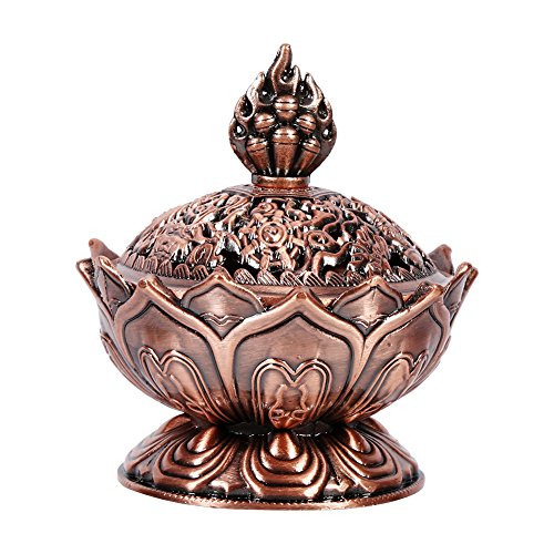 Walfront Lotus Incense Burner 9 Holes Vintage Incense Burner Cover Lotus Flower Shaped Incense Holder for Stick and Cone Incense(Red Bronze)