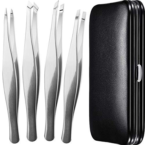 Precision Tweezers, 4 Pack Professional Metal Tweezers for Eyebrows, Eyelash Extension, Ingrown Hair Removal - Slant, Pointed, Flat, Pointed Slant Tweezer with Leather Case - 2020 Upgraded Version