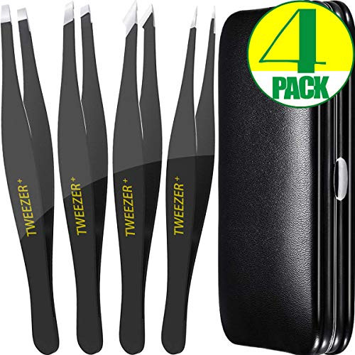 Eyebrow Tweezers, 4 Pack 100% Professional Precision Tweezers [ 2020 Version ] with Slant, Pointed, Flat, Pointed Slant Tweezer for Eyebrows, Eyelash Extension, Ingrown Hair Removal - with Nice Case