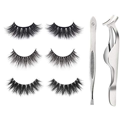 3 Pairs Real Mink Lashes 3 Styles 3D Mink Eyelashes 100% Siberian Mink Fur Handmade False Lashes,Reusable False Eyelashes Set for Natural Look with Fake Eyelashes Lashes Applicator, Eyebrows Tweezer