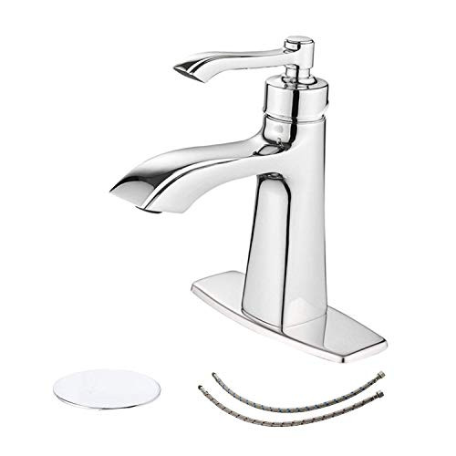 BWE Bathroom Sink Faucet with Drain Assembly and Supply Line Commercial Chrome Single Handle One Hole Lavatory Faucets Basin Mixer Tap Deck Mount