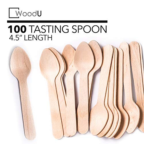 WoodU Mini Wooden Spoons 4.5" Length - Disposable Eco-Friendly Biodegradable Compostable (Pack of 100) Perfect for Crafts, Sugar Scrubs, Tasting and Sampling