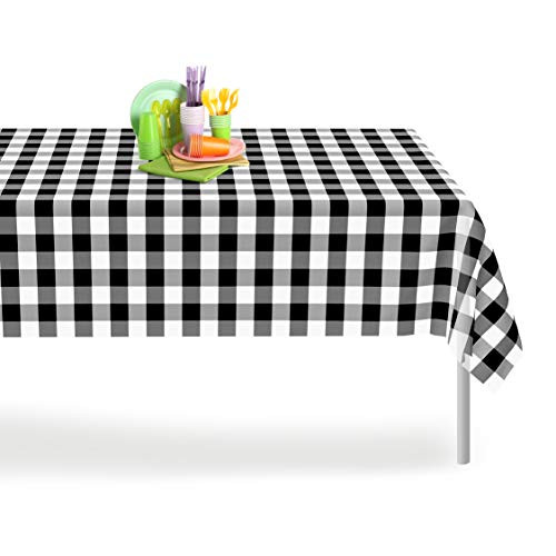 Black Checkered Gingham 6 Pack Premium Disposable Plastic Tablecloth 54 Inch. x 108 Inch. Rectangle Checkered Racing  Flag Table Cover By Grandipity