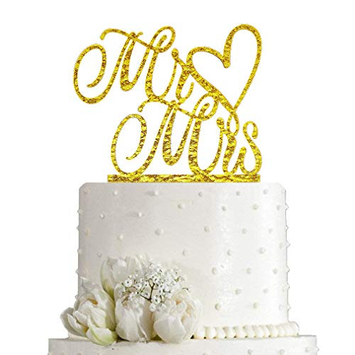 Mr and Mrs Cake Topper - Bride And Groom Sign Wedding Engagement Cake Toppers Decorations (Gold Glitter Acrylic)
